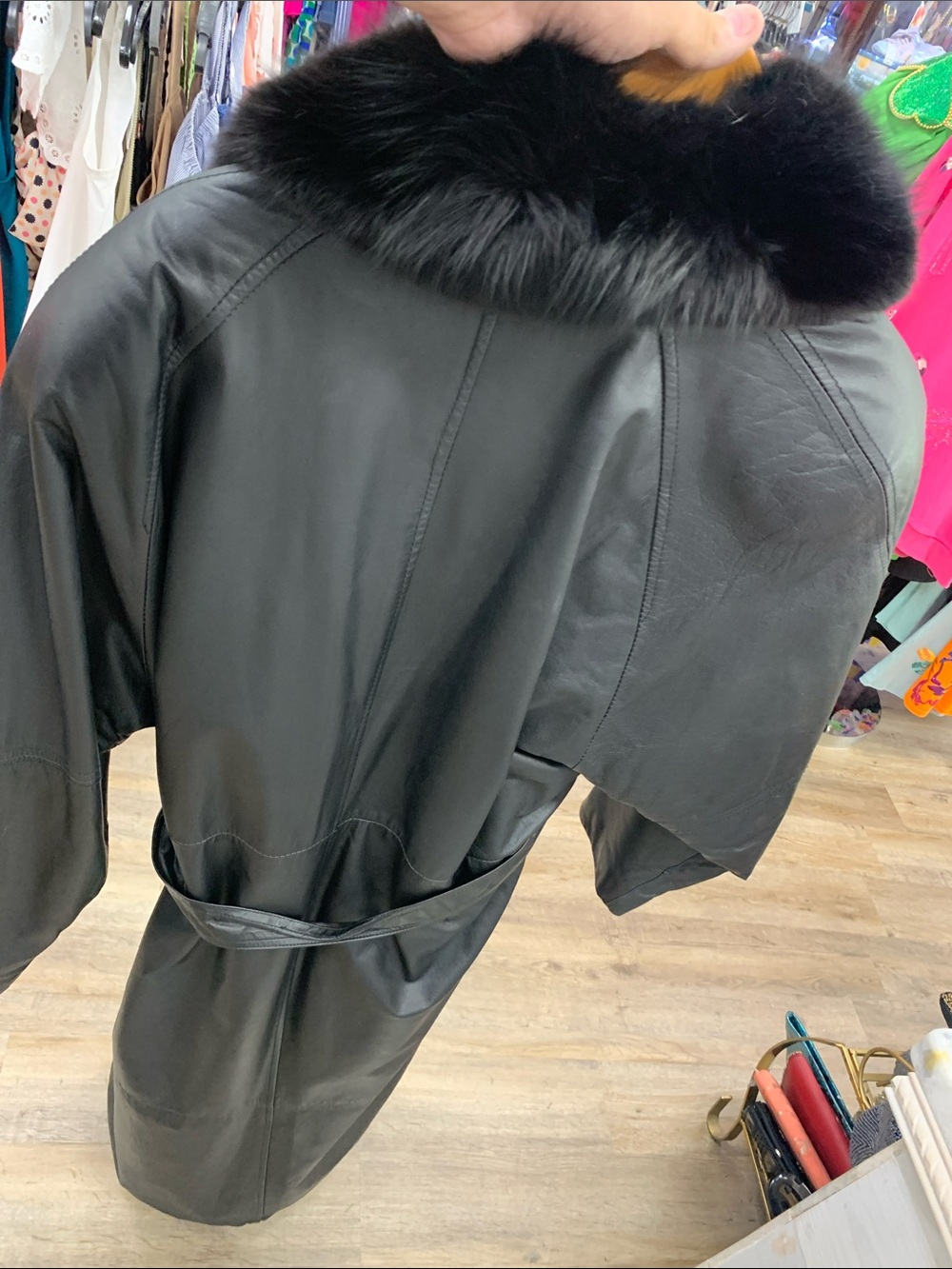 Black Leather Trench Coat with Luxe Fur Collar - Picture 6 of 7